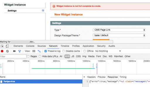 Widget instance is not full complete to create. screenshot of Magento error message